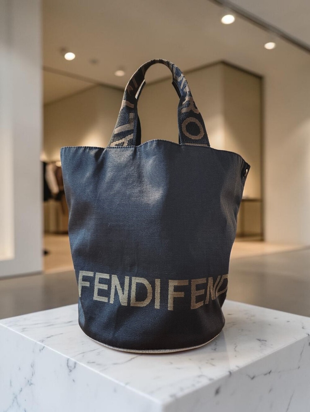 Fendi Navy and Gold Logo Bucket Bag